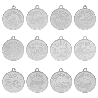 304 Stainless Steel Pendants, Flat Round with Twelve Constellation, Laser Cut