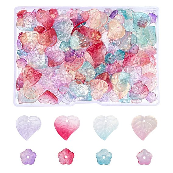 Transparent Glass Beads, with Glitter Gold Powder, Flowers and Leaf