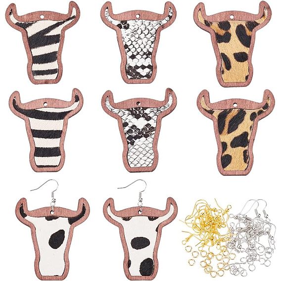 Набор для самостоятельного изготовления подвесных сережек в виде головы крупного рогатого скота, включая большие подвески из воловьей кожи с леопардовым принтом, Латунные крючки для сережек