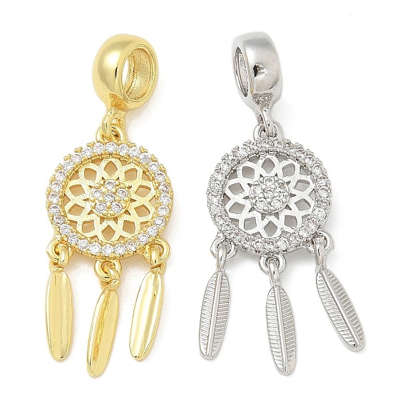 Латунные прозрачные кубические цирконии плетеная сетка/паутина с перьями европейские подвески, Подвески с большими отверстиями, стойки покрытие, долговечный, стойки покрытие, без свинца и без кадмия