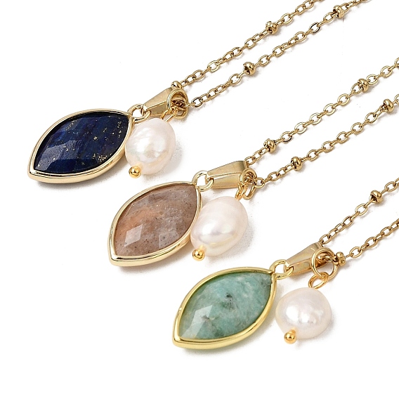 Natural Mixed Stone Faceted Horse Eye & Natural Pearl Pendant 304 Stainless Steel Satellite Chain Necklaces for Women, White, Golden