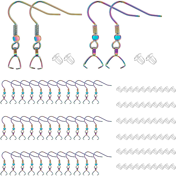 70Pcs Rainbow Color 304 Stainless Steel Earring Hooks, with Ice Pick Pinch Bails, with 70Pcs  Plastic Ear Nuts