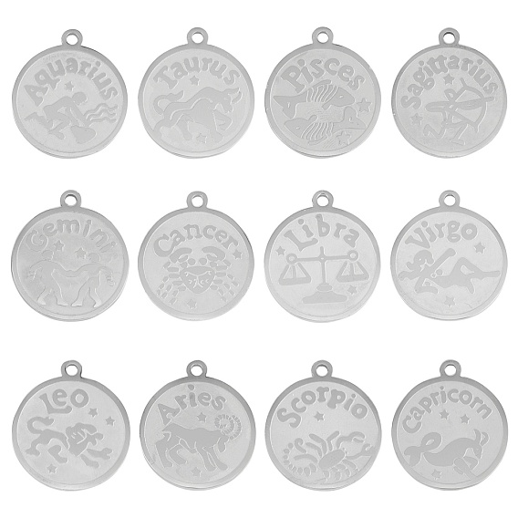 304 Stainless Steel Pendants, Flat Round with Twelve Constellation, Laser Cut