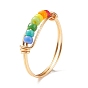 Rainbow Color Glass Seed Braided Bead Finger Ring, Copper Wire Wrapped Jewelry for Women