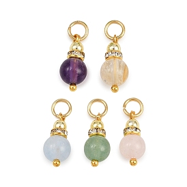 5 шт. 5 стили: натуральный зеленый авантюрин, розовый кварц, аметист, окрашенный белый нефрит и цитрин, круглые подвески, с латунными хрустальными бусинами-разделителями из стразов и 304 соединительными кольцами из нержавеющей стали, золотые