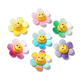 Gros pendentifs en acrylique avec poudre scintillante, fleur bicolore avec sourire