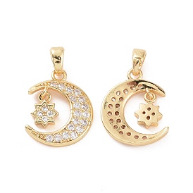 Brass Micro Pave Clear Cubic Zirconia Pendants, Moon with Star Charm