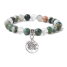 Natural Tree Agate Round Bead Stretch Bracelets, Tree of Life Alloy Charm Bracelets for Women