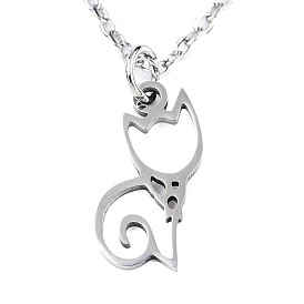  201 Stainless Steel Kitten Pendants Necklaces, with Cable Chains and Lobster Claw Clasps, Hollow Cat