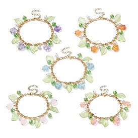 5Pcs 5 Color Glass Pearl & Flower & Acrylic Leaf Charm Bracelets Set, Golden 304 Stainless Steel Stackable Bracelets for Women