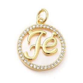 Rack Plating Brass Micro Pave Cubic Zirconia Pendants, with Natural Shell & Jump Rings, Flat Round with Word Fe Charm, Long-Lasting Plated, Cadmium Free & Lead Free