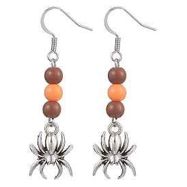 Brass Dangle Earrings, with Alloy Spider & Acrylic Beads, For Halloween, Dark Orange