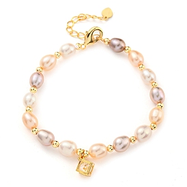 Natural Freshwater Pearl Beaded Bracelets, Golden Plated Cube Brass Charm Bracelets for Women