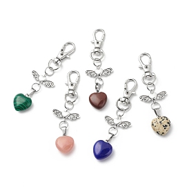 Gemstone Heart Pendant Decorations, Angel Lobster Clasp Charms, Clip-on Charms, for Keychain, Purse, Backpack Ornament
