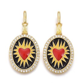 Brass Micro Pave Clear Cubic Zirconia Pendants, with Colorful Enamel, Long-Lasting Plated, Flat Oval with Heart
