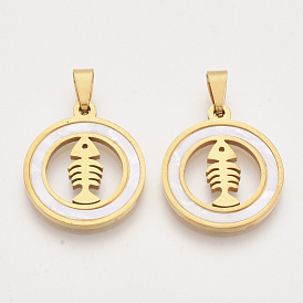 201 Stainless Steel Pendants, with Shell and Random Size Snap on Bails, Flat Round with Fishbone