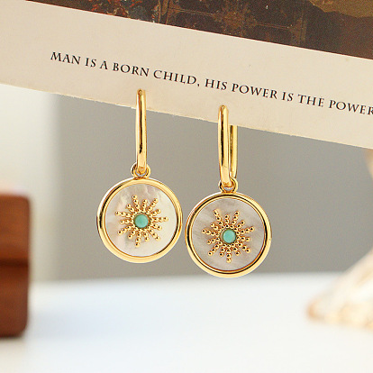 Серьги-кольца из латуни, натуральной ракушки и синтетической бирюзы., плоские круглые с рисунком ВС