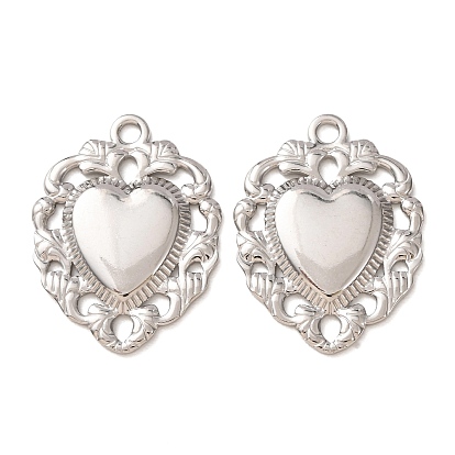 304 Stainless Steel Pendants, Heart with Floral Frame Charms