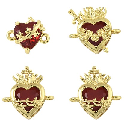 4 шт. 3 стили латунные подвески-сердечки с паве из темно-красного стекла, стойки покрытие, долговечный, без кадмия и без свинца