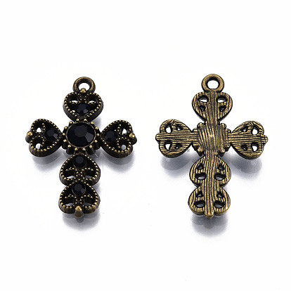 Rack Plating Alloy Pendants, with Jet Rhinestone, Cadmium Free & Lead Free, Cross