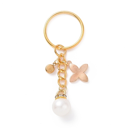 Acrylic Pearl Pendants Keychain, with 201 Stainless Steel Rhinestone Charms and Flower, for Keychain, Purse, Backpack Ornament