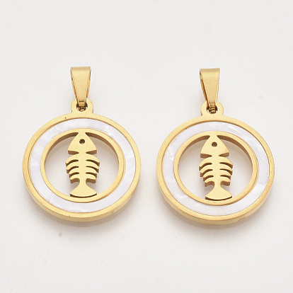 201 Stainless Steel Pendants, with Shell and Random Size Snap on Bails, Flat Round with Fishbone