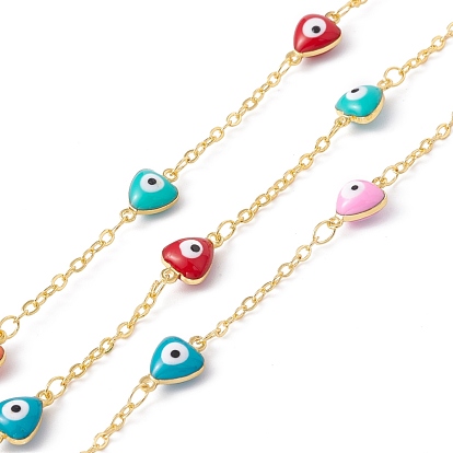 Handmade Eco-friendly Brass Enamel Heart with Evil Eye Link Chain, Real 18K Gold Plated, Lead Free & Cadmium Free, Soldered, with Spool