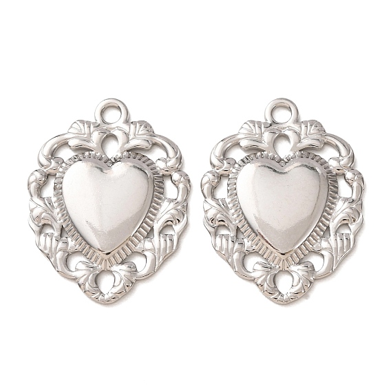 304 Stainless Steel Pendants, Heart with Floral Frame Charms