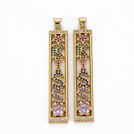 Brass Micro Pave Cubic Zirconia Pendants, Nickel Free, Rectangle with Word KISS