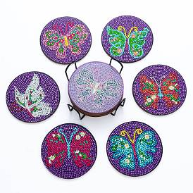 Butterfly Pattern Flat Round DIY Coaster Diamond Painting Kits, Including Wood Boards, Resin Rhinestones, Diamond Sticky Pens, Tray Plates and Glue Clay