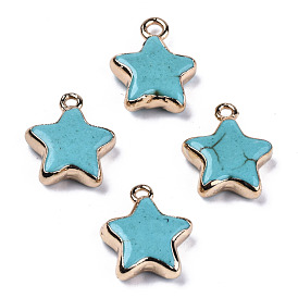 Star Synthetic Turquoise Pendants, with Light Gold Plated Brass Edge and Loop, Dyed