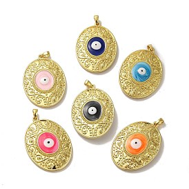 Rack Plating Brass Pendants, with Enamel, Long-Lasting Plated, Lead Free & Cadmium Free, Real 18K Gold Plated, Oval with Evil Eyes