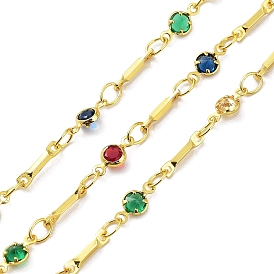 Brass Flat Round & Bar Link Chains, with Colorful Glass Beaded, Soldered, with Spool