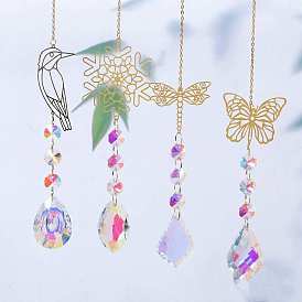 Glass Pendant Decorations, Suncatchers, with Brass Findings & Octagon Glass Beads, for Home Decorations, Butterfly/Bird/Snowflake