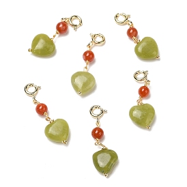 Natural Agate Heart Pendant Decorations, Natural Jade Round Ornament with Brass Spring Ring Clasps