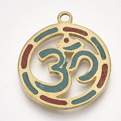 Handmade Indonesia Pendants, with Brass Findings, Flat Round with Ohm, Golden