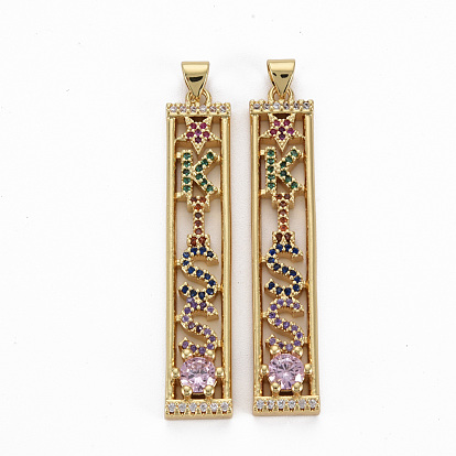 Brass Micro Pave Cubic Zirconia Pendants, Nickel Free, Rectangle with Word KISS
