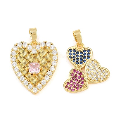 Brass Micro Pave Cubic Zirconia Pendants, Heart Charms, Golden