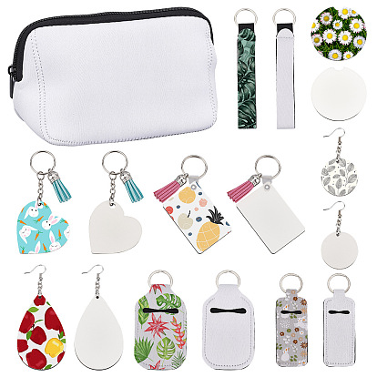 DIY Sublimation Blank Earring Keychain Making Kits, Including Teardrop & Rectangle & Flat Round Wood Dangle Earrings & Keychains, Faux Suede Tassel Pendant Decorations