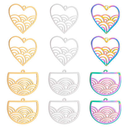 12Pcs 6 Style 201 Stainless Steel Pendants, Laser Cut, Heart & Semi Circle with Wave