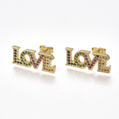 Brass Cubic Zirconia Stud Crawler Earrings, Climber Earrings, with Ear Nuts, Word LOVE