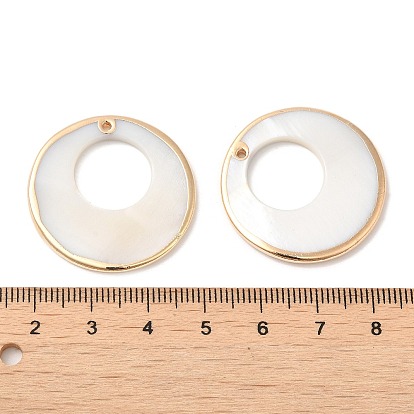 Electroplated Natural Freshwater Shell Pendants with Golden Plated Brass Edge, Flat Round Charms