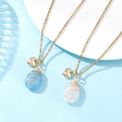 2 шт. 2 стили подвеска в форме капли из натурального розового кварца и окрашенного натурального кварца с имитацией аквамарина, обмотанная медной проволокой 304 ожерелья из нержавеющей стали с цепочкой для женщин, золотые