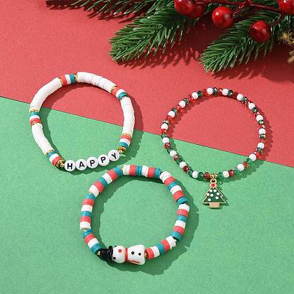 3Pcs 3 Styles Polymer Clay Heishi Surfer Stretch Bracelets Set, Christmas Tree Alloy Enamel Charms Stackable Bracelet with Snowman Beaded for Women