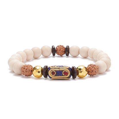 Natural Rudraksha & Fossil & Synthetic Hematite Stretch Bracelets, Handmade Indonesia Beads Yoga Jewelry for Women