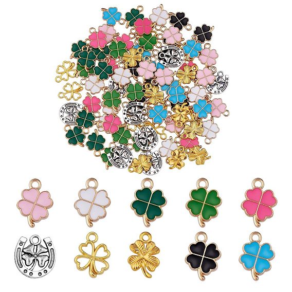 100 шт 10 подвески из сплава, с эмалью, светлое золото и античное серебро, клевер