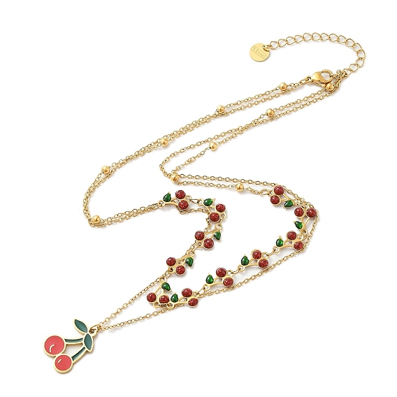 304 двухслойные ожерелья из нержавеющей стали с красной эмалью в виде вишни, с пластиковыми и эпоксидными шариками