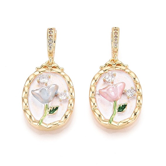 Застежки-защелки из латуни, окрашенной распылением, с прозрачными кубическими цирконами, овальные с цветком