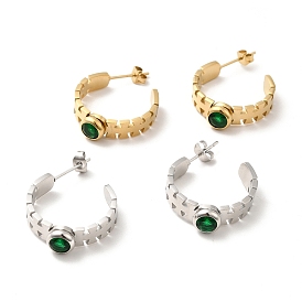 Emerald Rhinestone Geometry Stud Earrings, 304 Stainless Steel Half Hoop Earrings for Women
