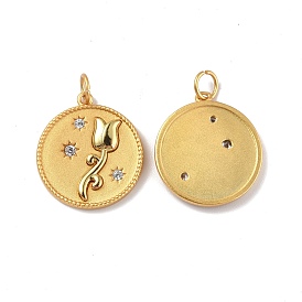 Brass Micro Pave Clear Cubic Zirconia Pendants, with Jump Ring, Flat Round with Rose Charm